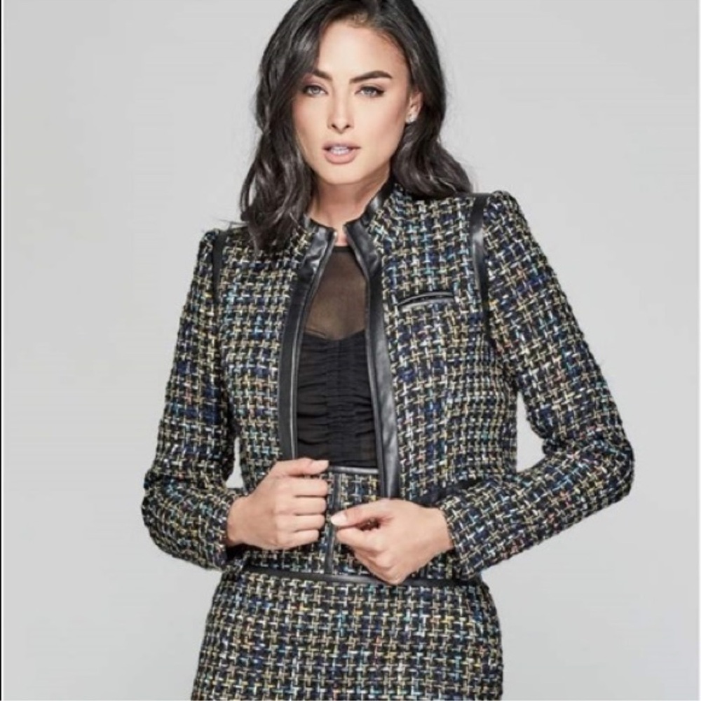 Marciano Multicolor Tweed Cropped Blazer with Black Trim